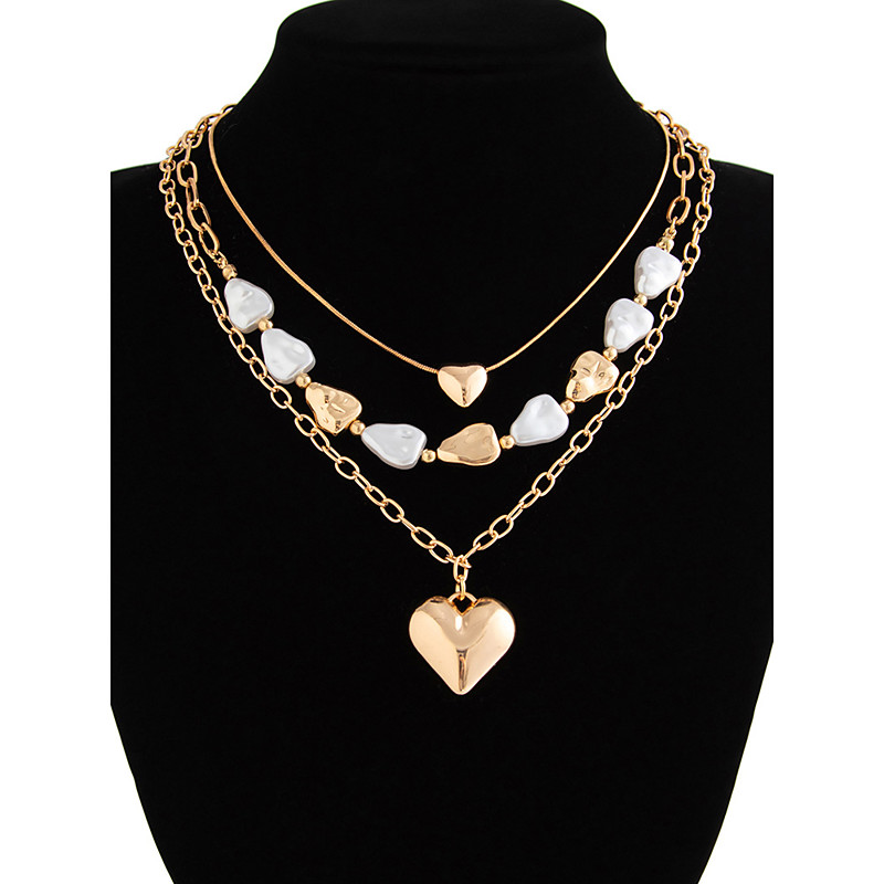 Women's Layered Heart Pendant Necklace – Gold Chain Choker with Pearl Accents, Fashion Jewelry for Parties, Dates Daily Wear