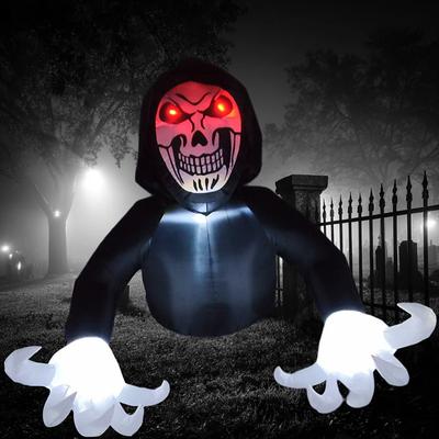 1 Pc 2.1M 1.8M Halloween Ghost Face Red Eyes Black Clothes Man LED with Light Inflatable Air Model Indoor and Outdoor Courtyard Garden Lawn Party Horror Weird Atmosphere Decorative EU/US/UK/AU Plug