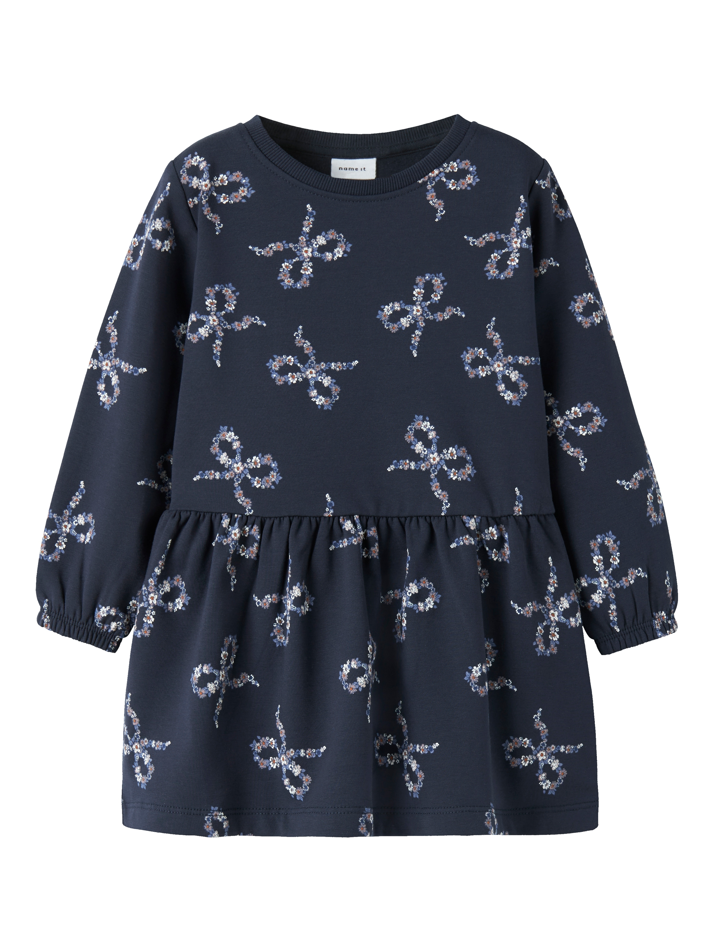 Minikleid NAME IT "NMFOLUKRIA LS SWEAT DRESS BRU", Mädchen, Gr. 122, N-Gr, navy blazer, Obermaterial: 95% Baumwolle, 5% Elasthan, bedruckt, regular fit, Rundhals, Kleider Image