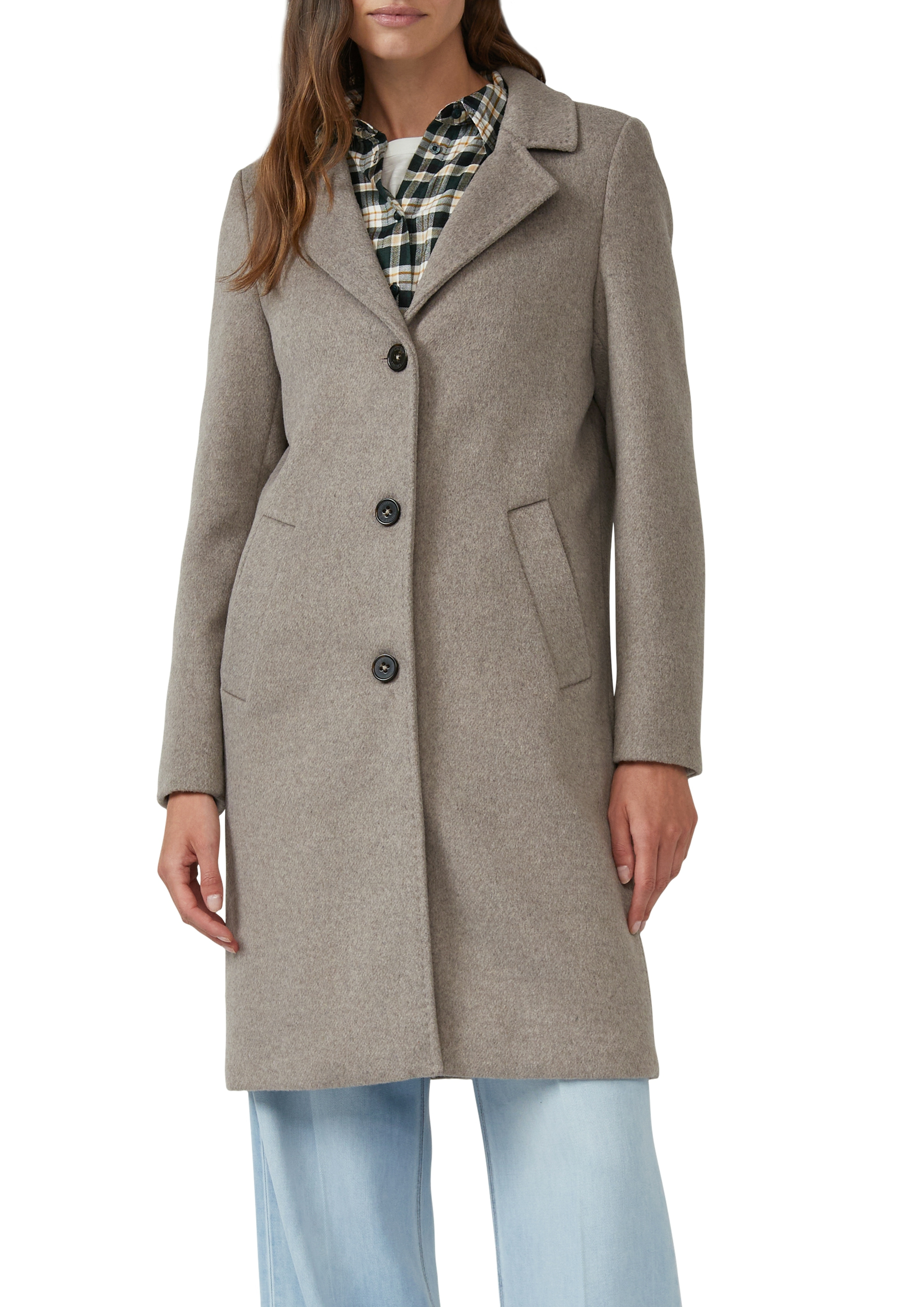 Langmantel S.OLIVER, Damen, Gr. 42, beige (taupe melange), Web, Obermaterial: 70% Polyester, 30% Wolle. Futter: 100% Polyester, unifarben, gerade kniebedeckend, V-Ausschnitt, Mäntel, mit Reverskragen und Wolle