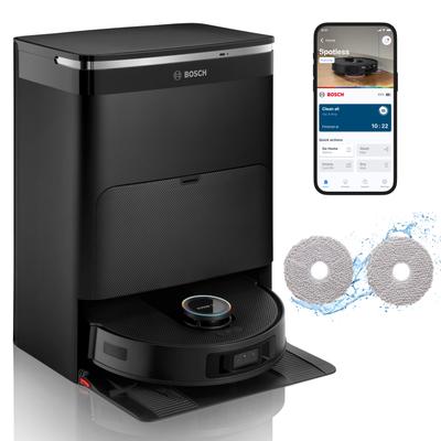 BOSCH Saugroboter "Spotless Max Cam BCRDW3BX, rotierende Wischpads, 70C Selbstreinigung", schwarz, B:34cm H:9,8cm, Saugroboter, Datensicherheit, 11.000 Pa Saugkraft, Absaugstation, Kamera Image