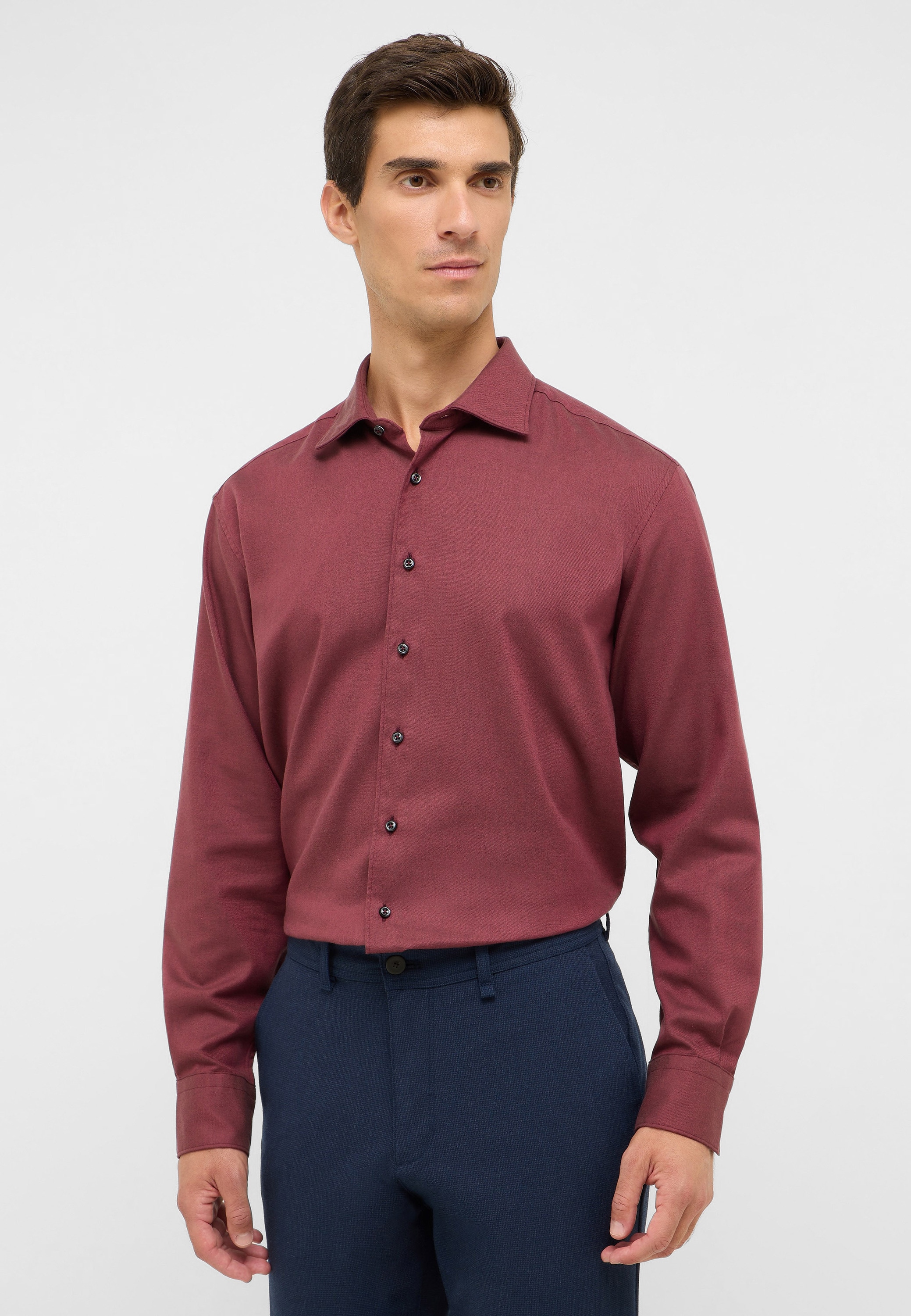 Langarmhemd ETERNA "MODERN FIT", Herren, Gr. L, US-Größen, weinrot, Flanell, 52% Baumwolle, 10% Schurwolle, 38% Lyocell, tailliert, Manschette, Hemden, EASY IRON (bügelleicht)
