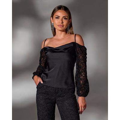 Boston Proper - Black - Cold Shoulder Lace Balloon Sleeve - XS