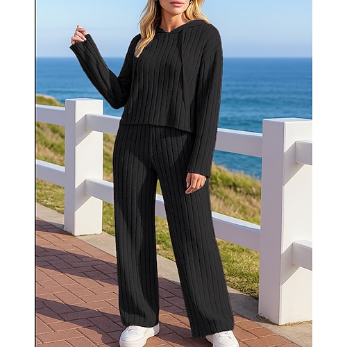 Damen Gestrickte Trainingsanzüge Kapuzenpullover Lounge-Anzüge Kordelzug Einfarbig Kombination Herbst Schwarz Purpur Berufung Outdoor Reise Leicht Mode Langarm Sport Sportkleidung Mikroelastisch Image