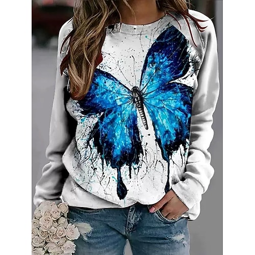 Damen Pullover Grafik Tiermotiv Schmetterling Lässig Langarm Rundhalsausschnitt Normale Oberteile Lässig Blau Weiß Dunkelblau Herbst Winter Image