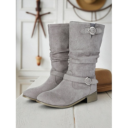Damen-Slouchy-Stiefel mit Schnallenriemen und halbhoher Wadenhöhe – Winterstiefel im Vintage-Wildleder-Stil für lässige Outfits und Herbstmode Image