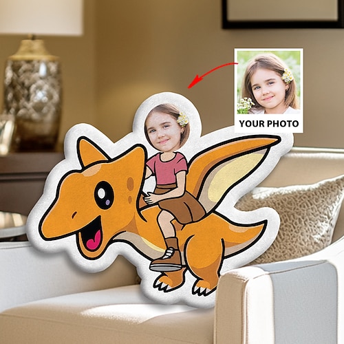 Personalisiertes Foto-Gesichtskissen, personalisierte Kinderkissen mit Dinosauriern, Geburtstagsgeschenke für Jungen, lustiges hässliches Kissen, Kissen in individueller Form, ausgestopfter Dinosaurier Image