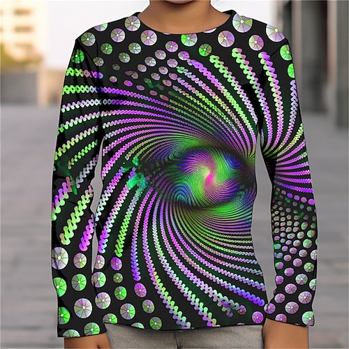 Jungen T-Shirt mit 3D-Grafik und optischer Täuschung, langärmlig, 3D-Druck, Sommer, Frühling, Herbst, Sport, Mode, Streetwear, Polyester, Kinder, 4–12 Jahre, Outdoor, lässig, täglich, normale Passform