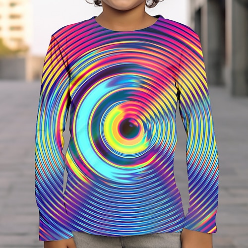 Jungen T-Shirt mit 3D-Grafik und optischer Täuschung, langärmlig, 3D-Druck, Sommer, Frühling, Herbst, Sport, Mode, Streetwear, Polyester, Kinder, 4–12 Jahre, Outdoor, lässig, täglich, normale Passform
