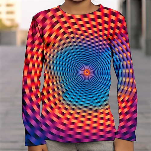 Jungen T-Shirt mit 3D-Grafik und optischer Täuschung, langärmlig, 3D-Druck, Sommer, Frühling, Herbst, Sport, Mode, Streetwear, Polyester, Kinder, 4–12 Jahre, Outdoor, lässig, täglich, normale Passform