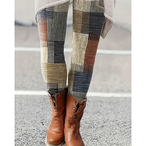 Damen Chinos Leggings Gemütliche Leggings Urlaub Basic Lässig Volle Länge Hohe Taille Karomuster Drucken Thermowarm Bequem Dehnbar Lässig Täglich Urlaub Khaki Herbst Winter Schmale Passform Image