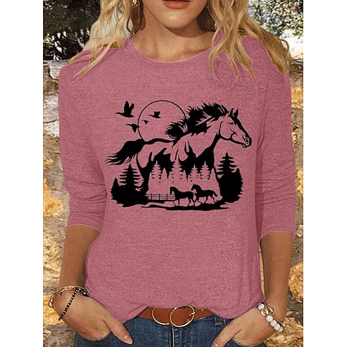 Damen T Shirt Druck Grafik Tiermotiv Pferd Vintage Stilvoll Klassisch Langarm Rundhalsausschnitt Rundhals Normale Oberteile Täglich Blau Rosa Khaki Grau Frühling Herbst Winter Image