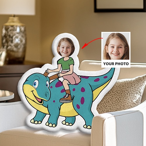 Personalisiertes Foto-Gesichtskissen, personalisierte Kinderkissen mit Dinosauriern, Geburtstagsgeschenke für Jungen, lustiges hässliches Kissen, Kissen in individueller Form, ausgestopfter Dinosaurier Image
