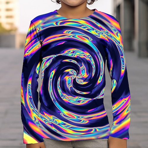 Jungen T-Shirt mit 3D-Grafik und optischer Täuschung, langärmlig, 3D-Druck, Sommer, Frühling, Herbst, Sport, Mode, Streetwear, Polyester, Kinder, 4–12 Jahre, Outdoor, lässig, täglich, normale Passform