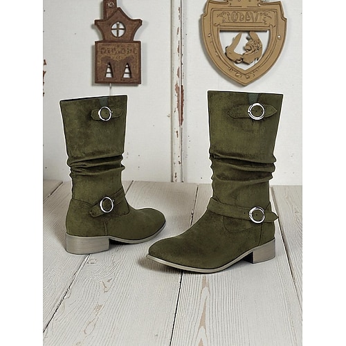 Damen-Slouchy-Stiefel mit Schnallenriemen und halbhoher Wadenhöhe – Winterstiefel im Vintage-Wildleder-Stil für lässige Outfits und Herbstmode Image