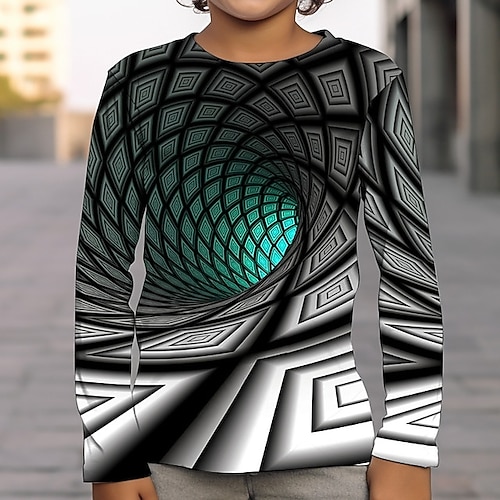 Jungen T-Shirt mit 3D-Grafik und optischer Täuschung, langärmlig, 3D-Druck, Sommer, Frühling, Herbst, Sport, Mode, Streetwear, Polyester, Kinder, 4–12 Jahre, Outdoor, lässig, täglich, normale Passform
