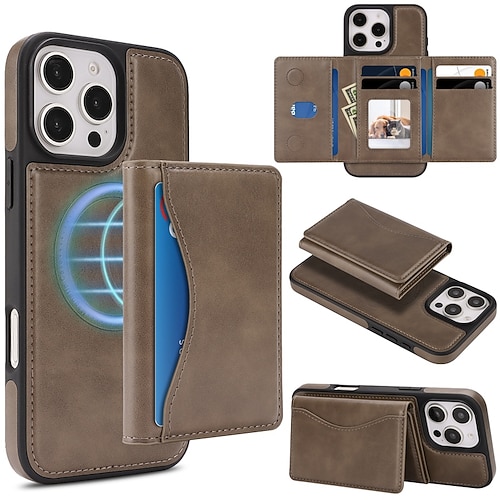 Handy Hülle Handyhüllen Für iPhone 17 16 15 14 Pro Max Plus 16e 13 Pro Max Rückseite Magnetisch Ständer Kartenfach Retro TPU PU-Leder Image
