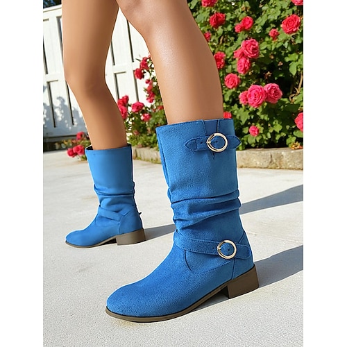 Damen-Slouchy-Stiefel mit Schnallenriemen und halbhoher Wadenhöhe – Winterstiefel im Vintage-Wildleder-Stil für lässige Outfits und Herbstmode Image