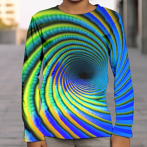 Jungen T-Shirt mit 3D-Grafik und optischer Täuschung, langärmlig, 3D-Druck, Sommer, Frühling, Herbst, Sport, Mode, Streetwear, Polyester, Kinder, 4–12 Jahre, Outdoor, lässig, täglich, normale Passform