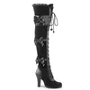 2025 Große Größe 43 Damen Schwarze Goth Overknee-Stiefel Schnürung Retro Gothic Schwarze High Heels Stiefel Vampir Hexe Cosplay Schuhe Schleife