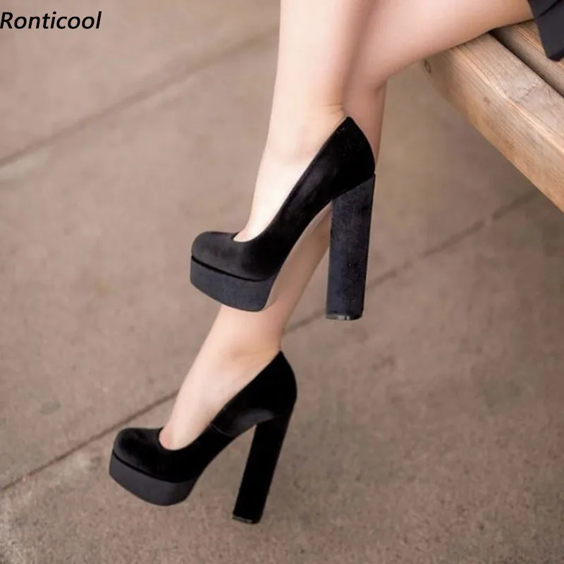 Ronticool handgefertigte Damen-Plateau-Pumps, Block-High-Heels, runde Zehen, schöne schwarze Partykleid-Schuhe, US-Größe 5–20