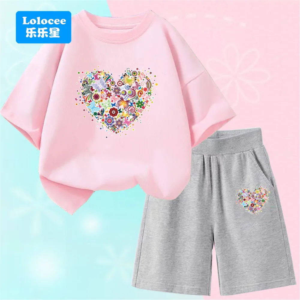 2-teiliges Sommer-Set für Babys, Mädchen, neues modisches, kurzärmliges T-Shirt mit Rosenblumen-Herz und grauen/rosa Shorts, süßes Baby-Set-Outfit Image