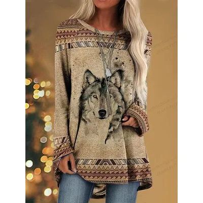 Women's T Shirt Wolf 3d Print T-shirt Women Fashion Animal T-shirts Casual Long Sleeve Tops Tees Vintage Tshirt Loose Tees Owl