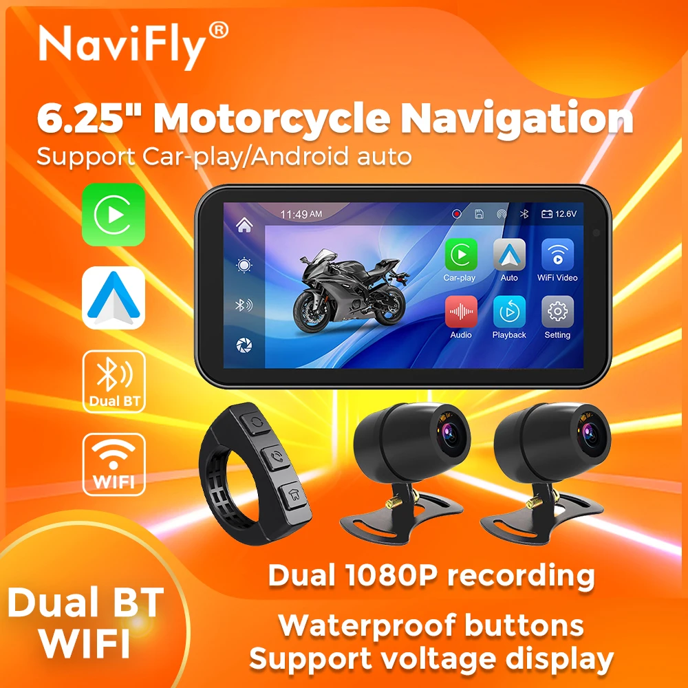 Navifly 6,25 Zoll HD Touchscreen Motorrad Navigatio Wlireless Carplay Android Auto Motorrad Smart BT WIFI IP67 Wasserdicht Image