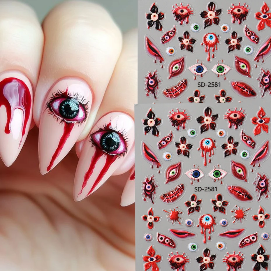 Halloween Blood Drip Augapfel Nagelaufkleber – Horrormuster, selbstklebende Halloween-Nagelaufkleber, Dekoration, DIY-Nagelzubehör Image