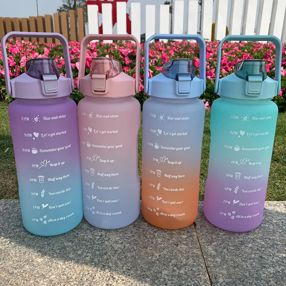 2-Liter-Wasserflasche, motivierende Sport-Wasserflasche mit Zeitmarkierung, tragbare, wiederverwendbare Plastikbecher, Outdoor-Reisen, Fitnessstudio, Krüge Image
