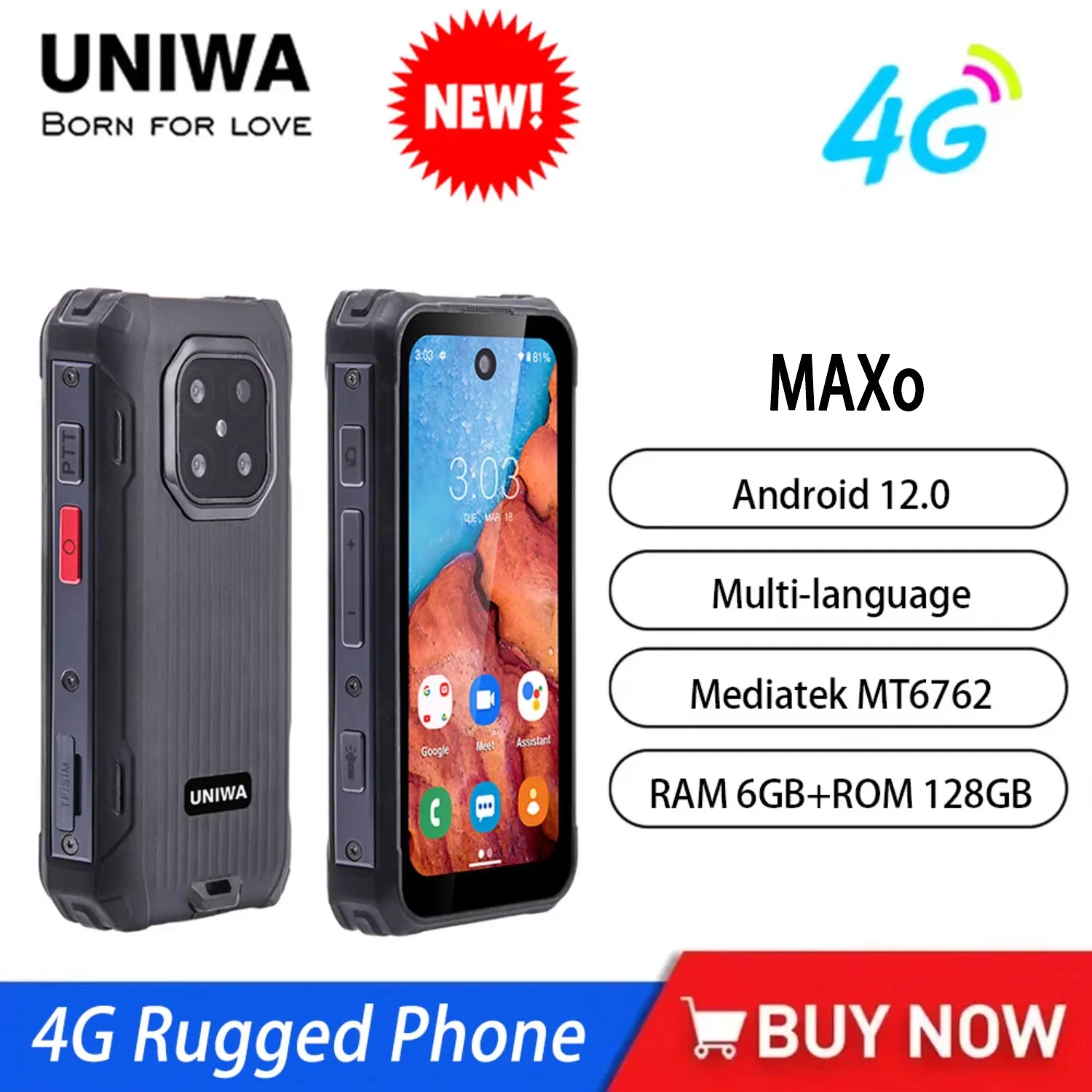 2025 NEUES UNIWA MAXo 4G Mini Robustes Smartphone 3,88 Zoll Kleiner IPS-Bildschirm 6 GB + 128 GB IP68 Android12 3000 mAh Face ID Unlock Phone