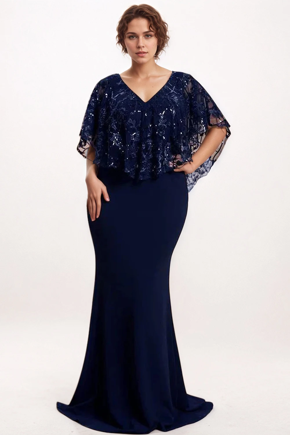 Frauen Plus Größe Pailletten Kleid Abend Elegante Hochzeit Gast Cocktail Maxi Kleid Sexy V-ausschnitt Cape Schlank Kleider 2023