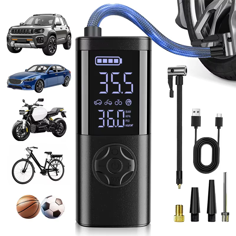 Gonfiatore portatile per pneumatici per auto, moto, bicicletta, mini pompa d'aria elettrica con display digitale, compressore d'aria wireless portatile