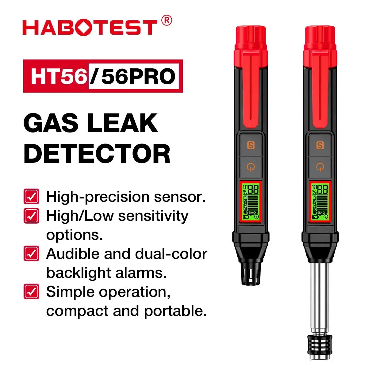 HABOTEST HT56 Lecksucher für brennbare Gase, 100–1000 ppm, flexibler tragbarer Erdgasdetektor mit akustischem und visuellem Alarm Image