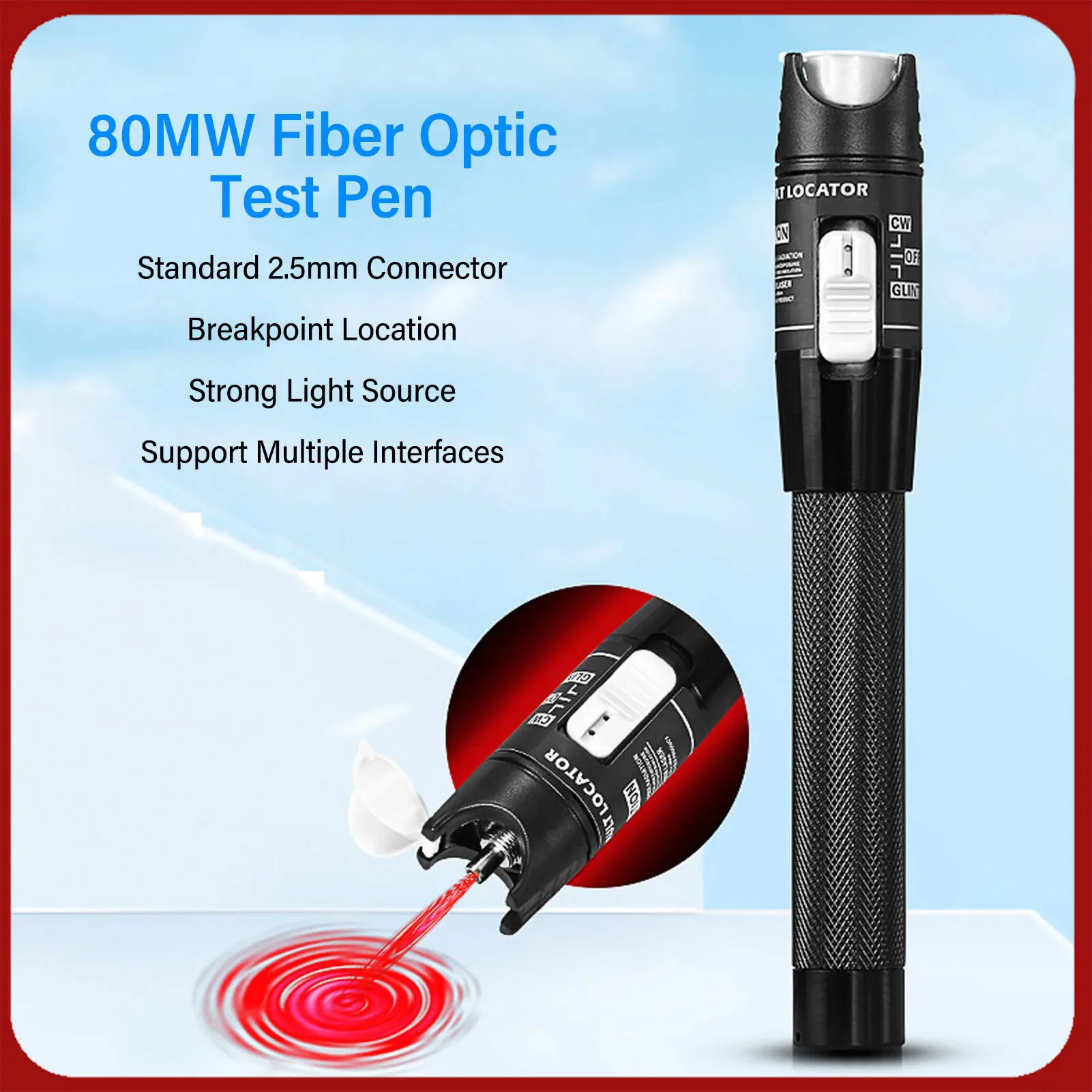 80 MW Glasfaser-Teststift, 80 km Sichtbarer Fehlerdetektor, berührungsloser tragbarer Fasertester, 2,5 mm Universalstecker Image