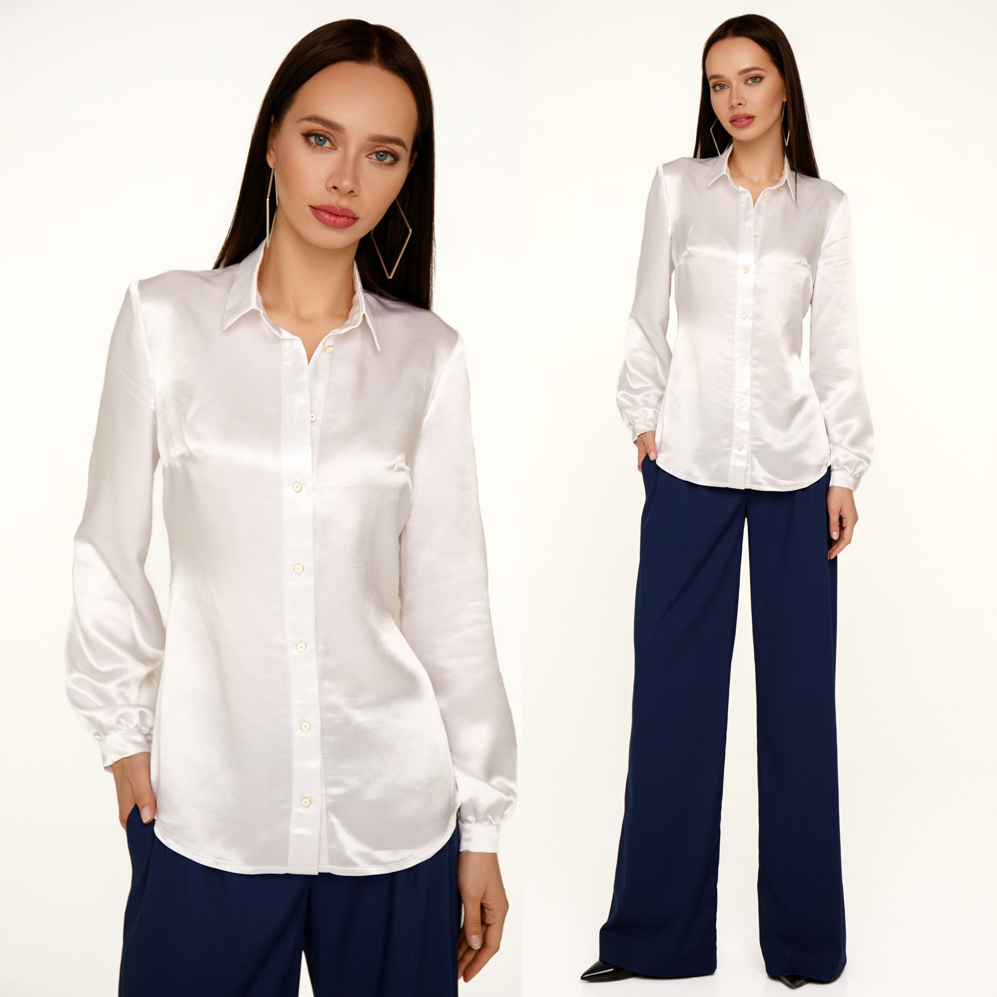 Camicia di seta da donna, Camicia bianca lucida, Camicia bianca attillata, Camicetta di seta bianca, Camicetta bianca, Camicia bianca naturale, Camice