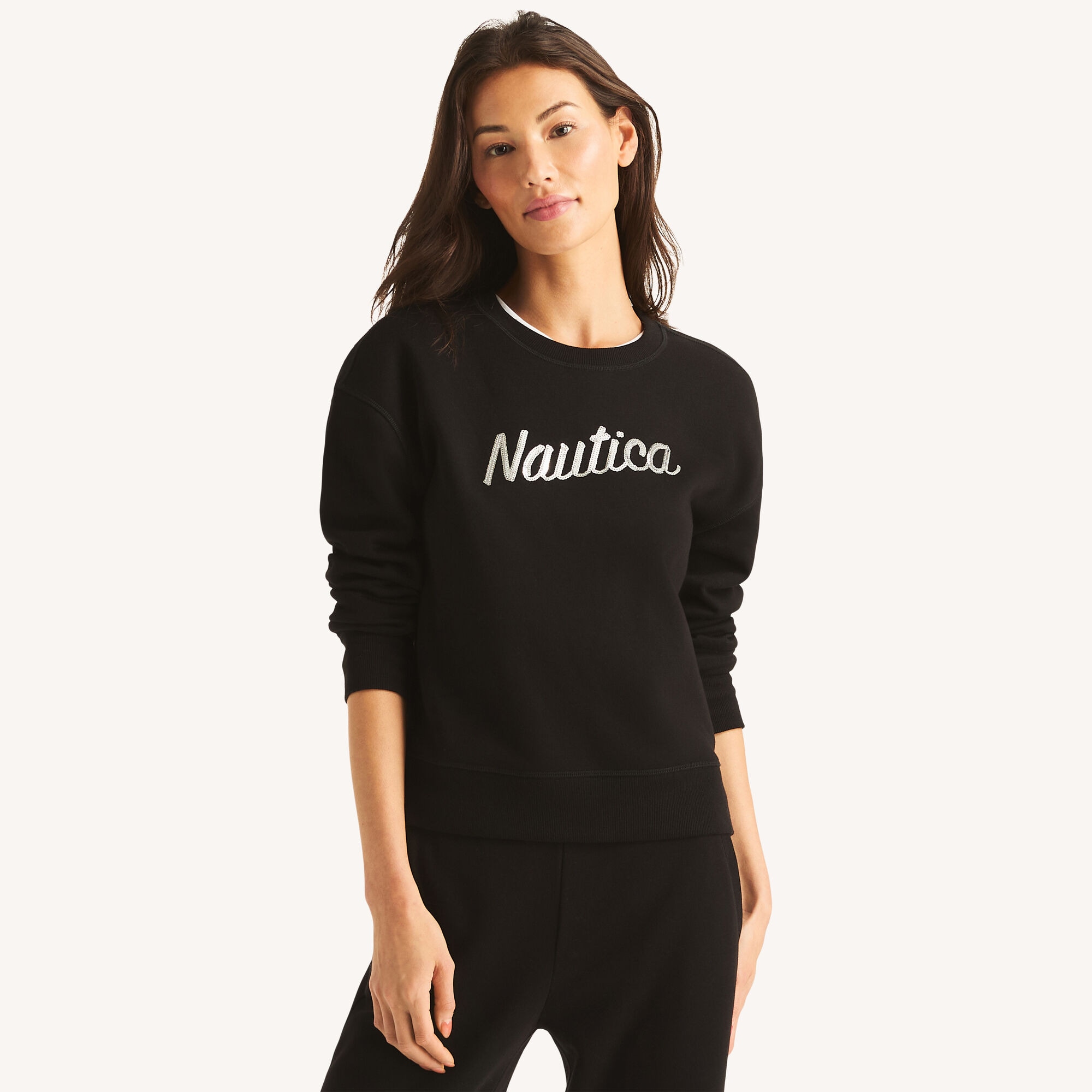 Nautica Women's Fleece Logo Crewneck Sweatshirt 018 (True Black), XL