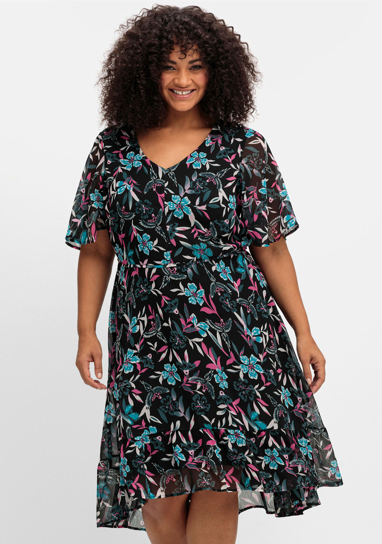 Chiffonkleid SHEEGO BY JOE BROWNS "Chiffonkleid", Damen, Gr. 48, Normalgrößen, dunkelpetrol, gemustert, 100% Polyester, geblümt, gemustert, wadenlang, V-Ausschnitt, Kleider Chiffonkleid