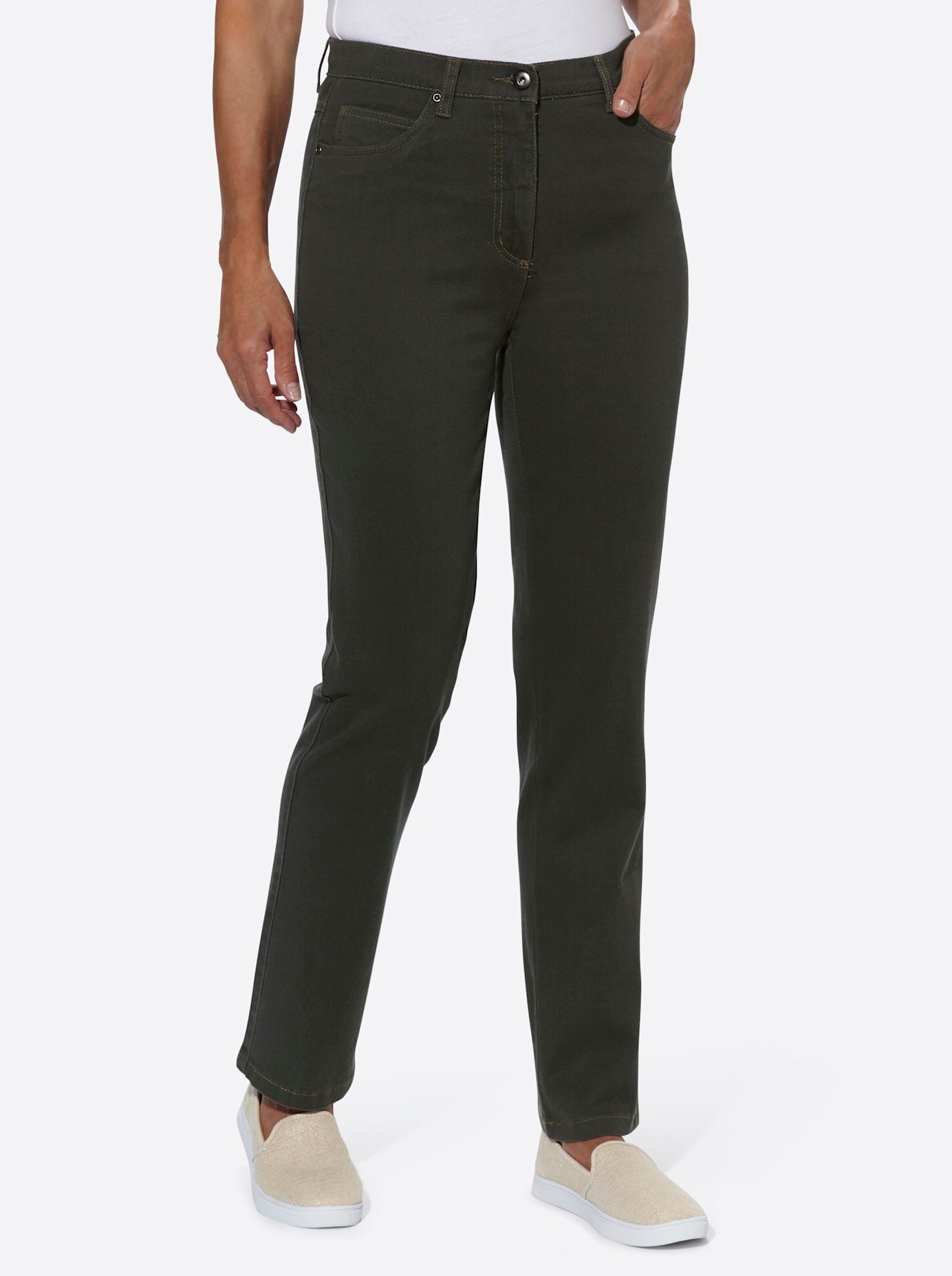 5-Pocket-Jeans CASUAL LOOKS, Damen, Gr. 25, Kurzgrößen, grün (khaki), 98% Baumwolle, 2% Elasthan, unifarben, lang, Jeans 5-Pocket-Jeans