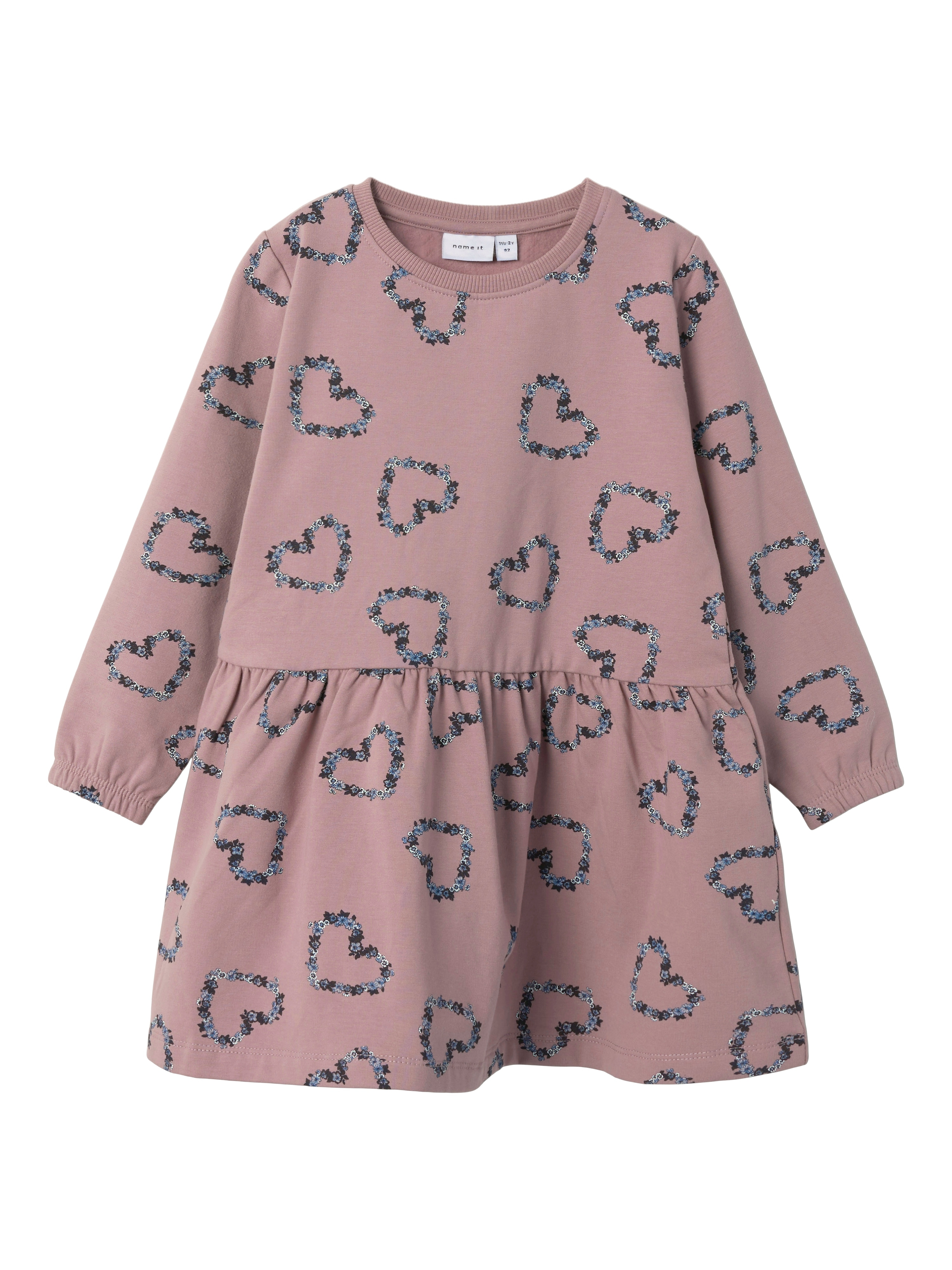 Minikleid NAME IT "NMFOLUKRIA LS SWEAT DRESS BRU", Mädchen, Gr. 98, N-Gr, toadstool, Obermaterial: 95% Baumwolle, 5% Elasthan, bedruckt, regular fit, Rundhals, Kleider Image