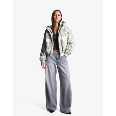 Bershka Hooded Puffer Jacket With Print Women S Grey