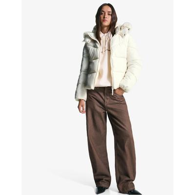 Bershka Water-Repellent Puffer Jacket With Faux Fur Hood Women M Sand