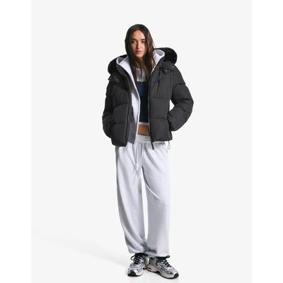 Bershka Water-Repellent Puffer Jacket With Faux Fur Hood Women Xl Black