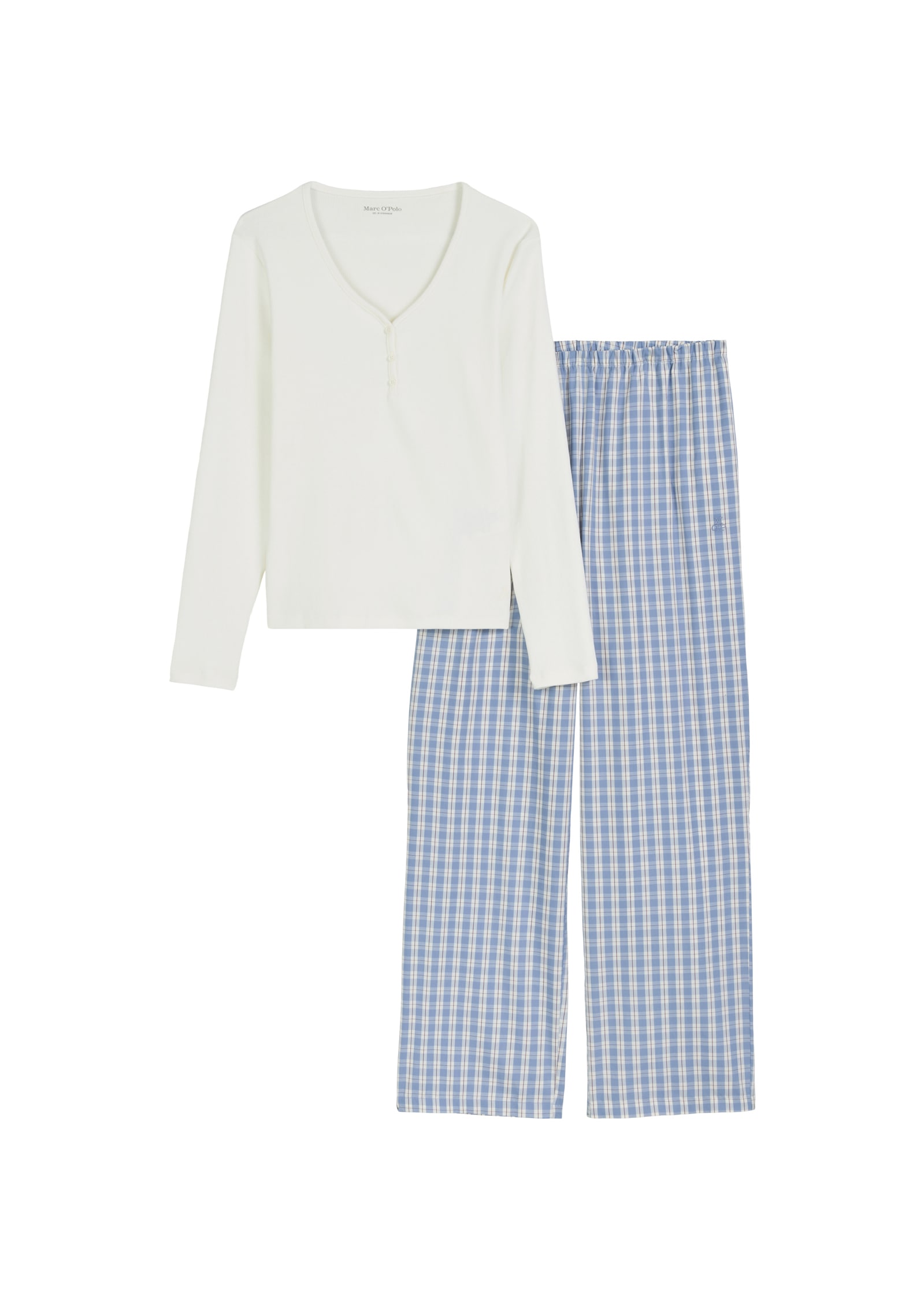 Pyjama MARC O'POLO "Mix N Match Cotton", Damen, Gr. S, weiß, Jersey, Obermaterial: 95% Baumwolle, 5% Elasthan, bequem lang, V-Ausschnitt, Homewear-Sets, V-Ausschnitt, Langarm, Hose kariert, Gummizug, Baumwolle