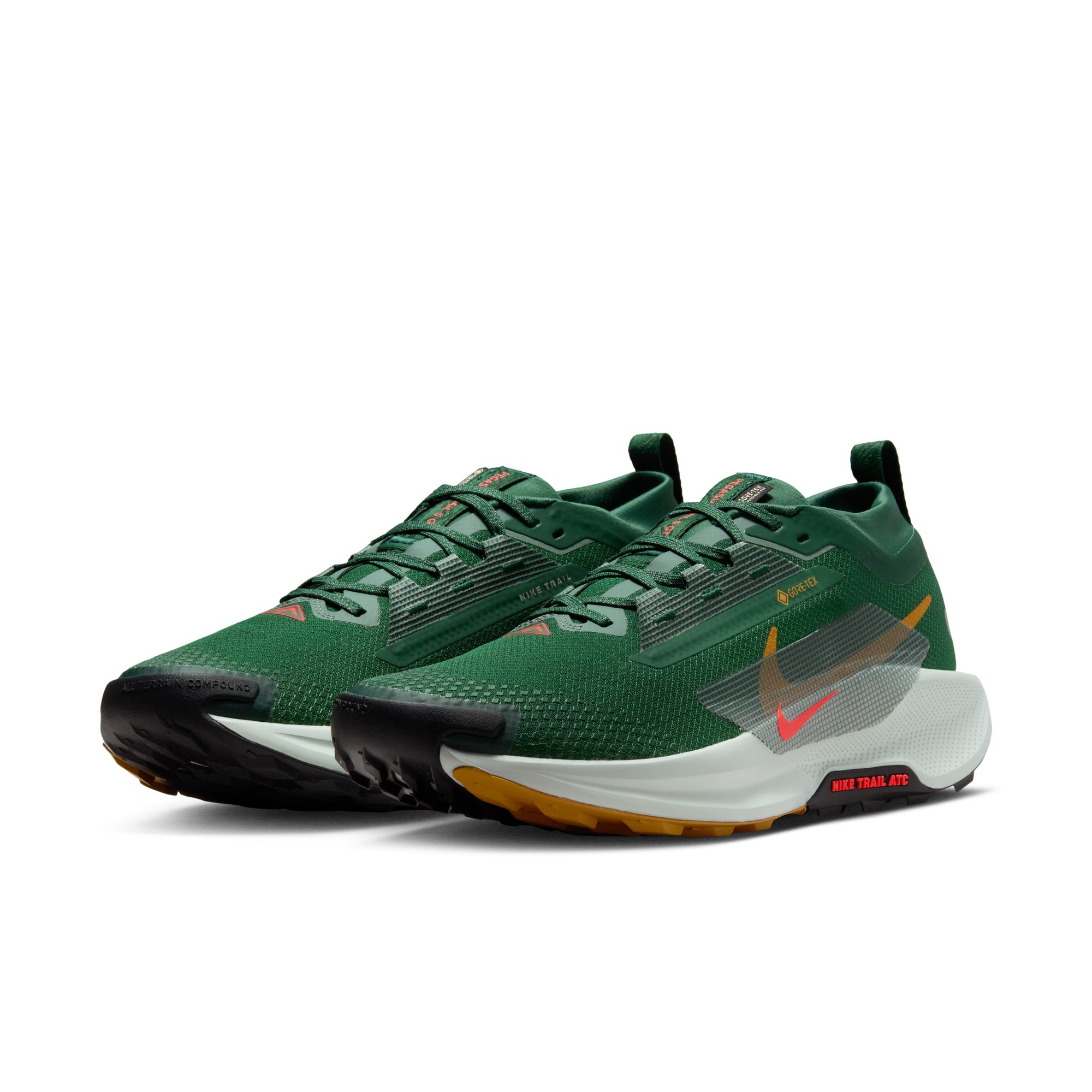 Laufschuh NIKE "NIKE PEGASUS TRAIL 5 GTX", Gr. 42, fir, bright crimson, clay grün, Synthetik, Textil, Sportlich, Schuhe