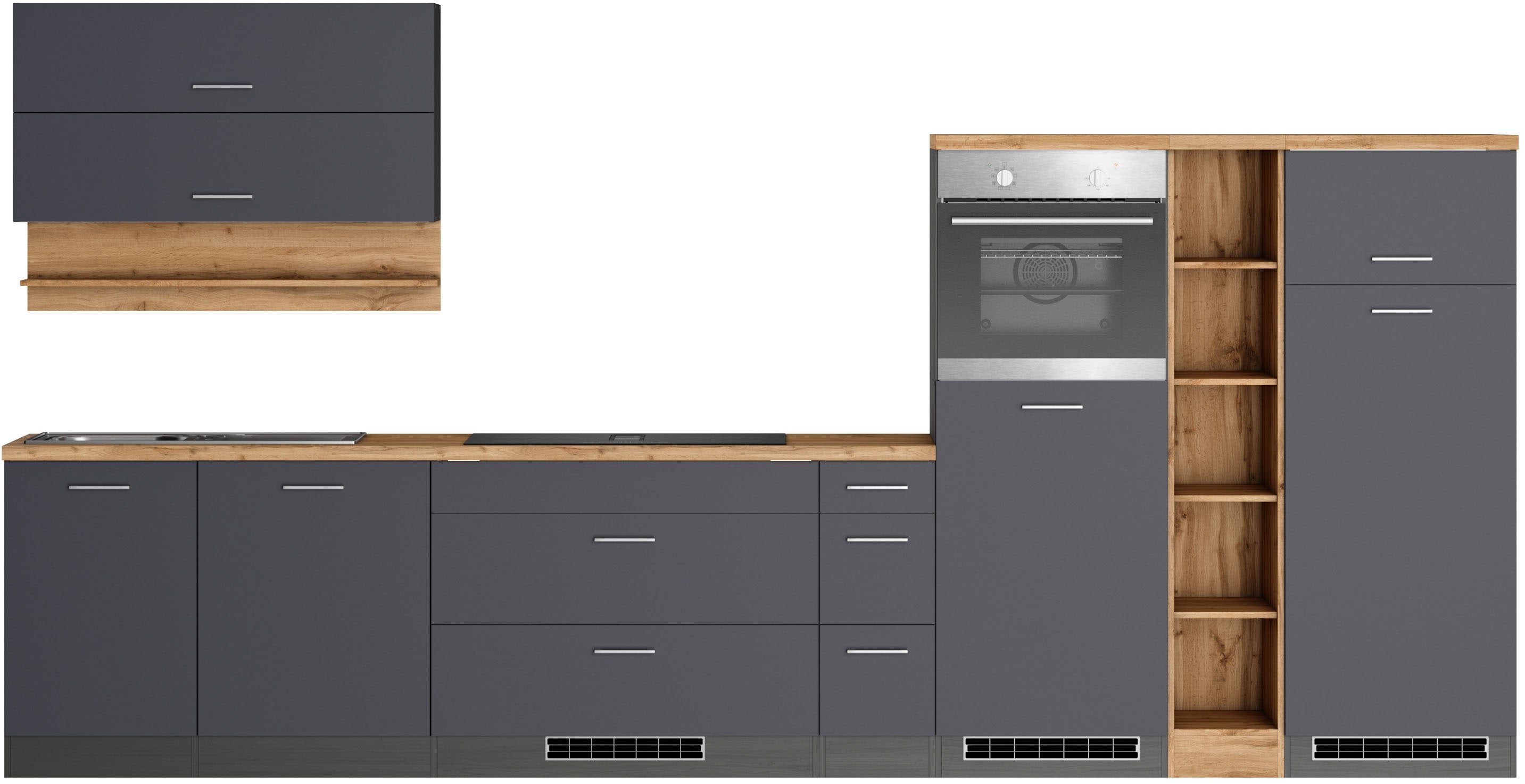 Küchenzeile KOCHSTATION "KS-Milan, optional mit Muldenlüfter", grau (küche: grau, front: anthrazit, korpus: grafitgrau, arbeitsplatte: wotaneichefarben), B:390cm H:166cm T:60cm, Komplettküchen-Sets, Breite 390 cm, wahlweise mit E-Geräten, Kochfeld... Image