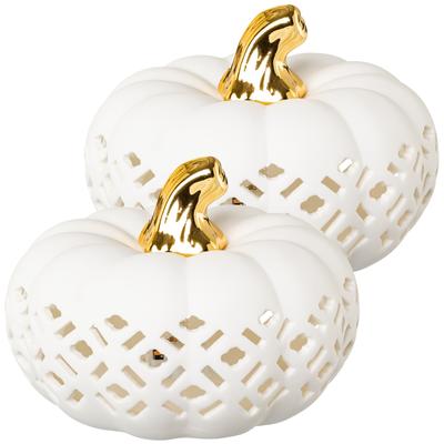 LED-Dekofigur CREATIV HOME "Kürbis", weiß, H:8,5cm Ø:12cm, Dekofiguren, mit goldenem Stiel Image