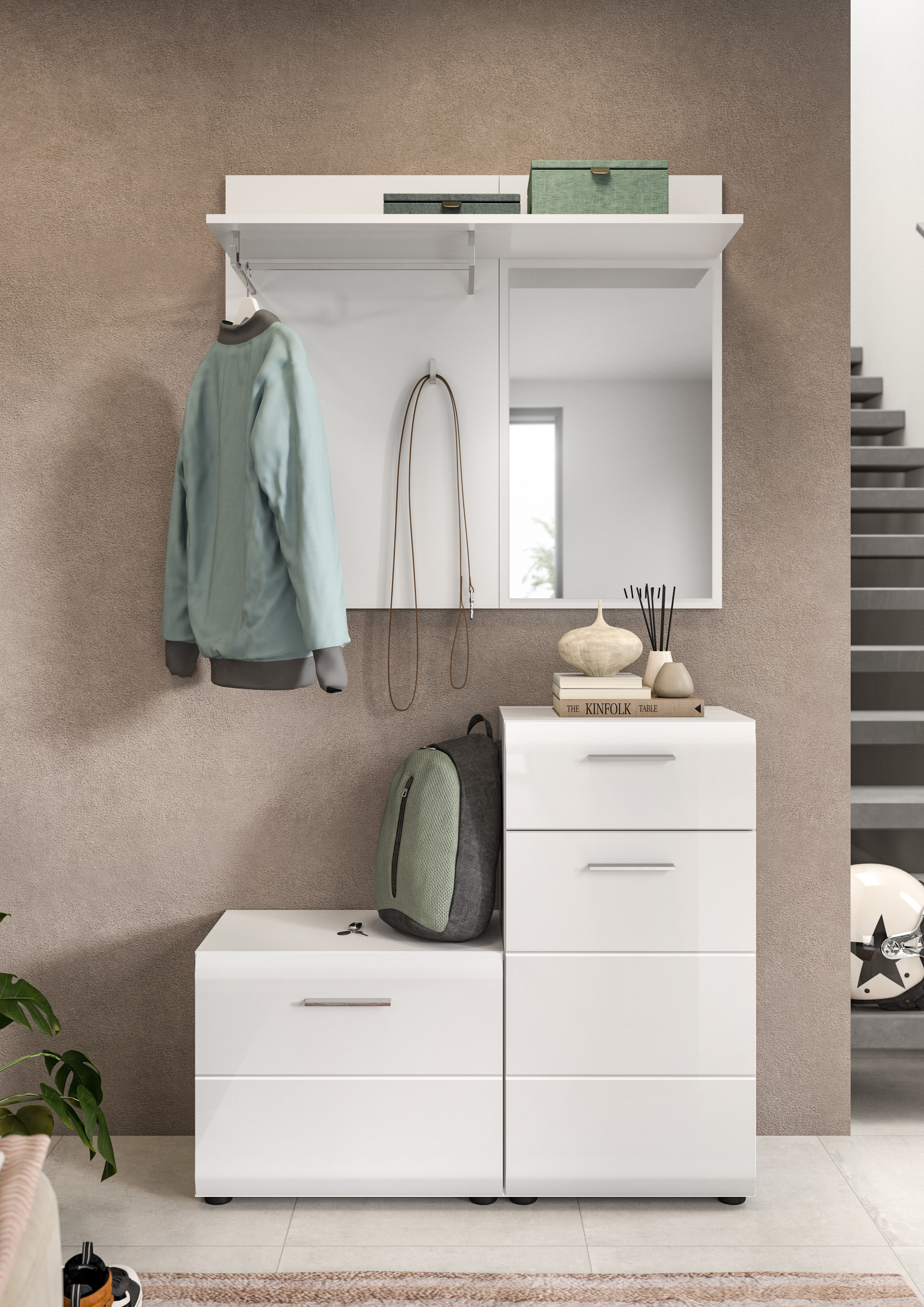 Garderoben-Set INOSIGN "FLORENZ, 3tlg., best. aus: Garderobenspiegelpaneel, Sitzbank & Kommode", weiß, weiß hochglanz, B:98cm H:191cm T:35cm, Kastenmöbel-Sets, Kombination, Kompaktgarderobe, Garderobenkombination, Garderobe