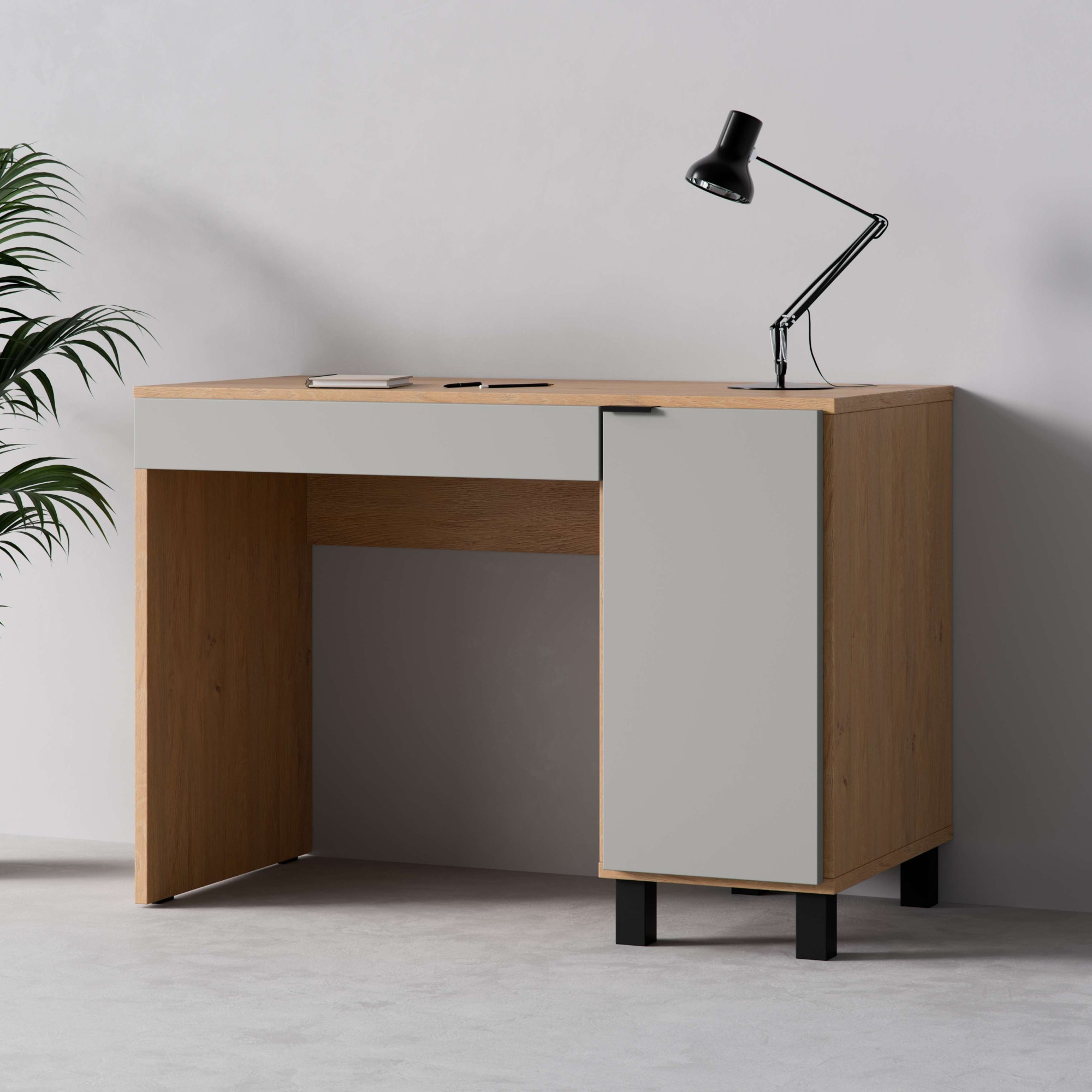 Schreibtisch VOX "SIMPLE Computertisch mit Stauraum, langlebige und stabile Qualität", grau (eiche, grau, eiche), B:110cm H:86,7cm T:55cm, Tische, Bürotisch mit Schublade & Schrank in 3 Farben erhältlich, Metallgriffe