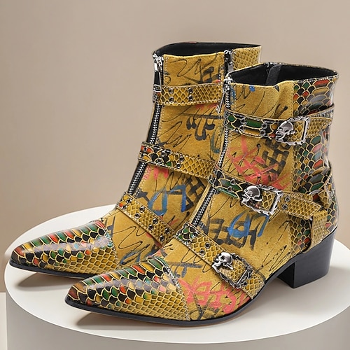 stivali da uomo in pelle con stampa serpente audace – vera pelle di vacchetta multicolore gialla con cinturini con tripla fibbia, punta affusolata per spettacoli teatrali, festival e abiti da festa
